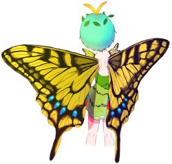 Rule 34 | 1girl, antennae, aqua hair, butterfly wings, channel ikihaji, cropped legs, dress, eternity larva, fairy, feet out of frame, from behind, green dress, insect wings, leaf, leaf on head, multicolored clothes, multicolored dress, short hair, short sleeves, simple background, solo, touhou, white background, wings