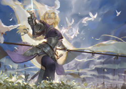 Rule 34 | 1girl, animal, armor, army, bird, black ribbon, blonde hair, blue eyes, blue sky, braid, breastplate, breasts, chain, cloud, cloudy sky, day, dove, dress, fate/apocrypha, fate/grand order, fate (series), faulds, feathers, flag, floating hair, flower, fringe trim, gauntlets, hair ribbon, headpiece, holding, holding sword, holding weapon, jeanne d&#039;arc (fate), jeanne d&#039;arc (ruler) (fate), lily (flower), lips, long hair, looking at viewer, medium breasts, outdoors, outstretched arms, parted lips, polearm, purple dress, purple thighhighs, qmo (chalsoma), ribbon, scabbard, sheath, single braid, sketch, sky, solo focus, spread arms, standing, sword, thighhighs, unsheathed, very long hair, weapon, wind