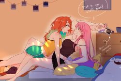 Rule 34 | ahoge, blush, chest of drawers, commentary, english commentary, english text, gradient hair, highres, holding, holding photo, hololive, hololive english, keisea, leaning forward, mori calliope, multicolored hair, photo (object), pillow, pink hair, red hair, shorts, spaghetti strap, takanashi kiara, takodachi (ninomae ina&#039;nis), virtual youtuber, yuri