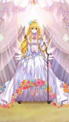 Rule 34 | 1girl, :3, ahoge, artist request, barefoot, blonde hair, breasts, cane, dies irae, dies irae pantheon, dress, flower, frilled dress, frills, full body, green eyes, hair flower, hair ornament, hand on lap, highres, large breasts, long hair, looking at viewer, marie (dies irae), navel, official art, see-through, shinza bansho series, sitting, solo, staff, throne, underboob