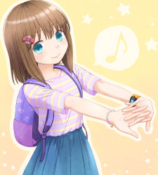 Rule 34 | 1girl, animal print, backpack, bag, blouse, blue eyes, blue skirt, bow, brown hair, child, female focus, hair bow, highres, looking at viewer, medium hair, musical note, original, own hands together, pleated skirt, rabbit print, shirt, shirt tucked in, skirt, smile, solo, star (symbol), striped clothes, striped shirt, watch, wristwatch, yellow background, yuyuzuki (yume usagi)