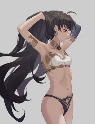 Rule 34 | 1girl, absurdres, ahoge, armlet, armpits, bad id, bad pixiv id, black hair, black panties, bra, breasts, choker, cleavage, closed mouth, collarbone, cowboy shot, earrings, fate/grand order, fate (series), floating hair, grey background, hands in hair, highres, ishtar (fate), jewelry, long hair, navel, panties, red eyes, simple background, small breasts, solo, standing, strapless, strapless bra, underwear, very long hair, white bra, yoruhare