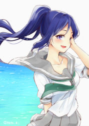 Rule 34 | 10s, 1girl, :d, arm at side, blue hair, from side, hair blowing, hand in own hair, long hair, looking at viewer, love live!, love live! sunshine!!, matsuura kanan, natsu (natume0504), neckerchief, ocean, open mouth, pleated skirt, ponytail, purple eyes, school uniform, serafuku, short sleeves, skirt, smile, solo, tie clip, twitter username, wind