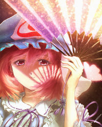 Rule 34 | 1girl, absurdres, bug, butterfly, closed mouth, folding fan, frilled sleeves, frills, glowing, glowing butterfly, hair between eyes, hand fan, hand up, hat, highres, hitodama, holding, holding fan, insect, japanese clothes, kimono, long sleeves, looking at viewer, medium hair, mob cap, oubachiago, paper fan, pink hair, procreate (medium), red eyes, saigyouji yuyuko, signature, smile, solo, touhou, triangular headpiece