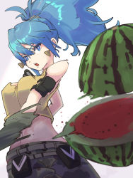 Rule 34 | 1girl, bare shoulders, belt, blue eyes, blue hair, breasts, camouflage, camouflage pants, cutting, dog tags, earrings, food, fruit, gloves, highres, jewelry, leona heidern, ooiwa (irc14786149), pants, ponytail, pouch, simple background, slashing, sleeveless, solo, tank top, the king of fighters, the king of fighters xv, triangle earrings, watermelon, watermelon slice, white background, yellow tank top