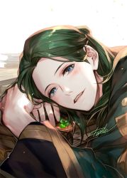 Rule 34 | 1boy, blue eyes, blush, book, book stack, clover, danhu, fire emblem, fire emblem: three houses, forehead, green hair, green robe, hair bun, leaning on object, linhardt von hevring, long hair, long sleeves, looking at viewer, male focus, nintendo, open mouth, robe, signature, simple background, single hair bun, smile, solo, upper body, white background