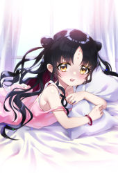 Rule 34 | 1girl, bad id, bad pixiv id, bed, black hair, blush, brown eyes, camisole, curtains, double bun, facial mark, fate/grand order, fate (series), forehead mark, hair bun, highres, indoors, long hair, lying, hugging object, on stomach, open mouth, picter, pillow, pillow hug, pink camisole, sessyoin kiara, sessyoin kiara (lily), smile, solo, upper body, window