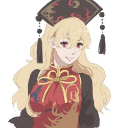 Rule 34 | 1girl, asakura noi, blonde hair, chinese clothes, hat, junko (touhou), long hair, looking at viewer, red eyes, smile, solo, tabard, touhou, white background