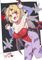 Rule 34 | 1girl, akatsuki uni, alternate breast size, animal print, armpits, bat print, bat wings, blonde hair, blush, breasts, claw pose, cleavage, collarbone, cosplay, covered erect nipples, covered navel, fang, feet out of frame, flying sweatdrops, head wings, large breasts, leotard, lilith aensland, lilith aensland (cosplay), open mouth, pantyhose, parted bangs, print pantyhose, purple pantyhose, red eyes, red leotard, rkrk, signature, solo, two side up, uni create, vampire (game), virtual youtuber, wings