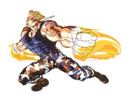 Rule 34 | 1990s (style), 1boy, abs, american flag, blonde hair, boots, camouflage, camouflage legwear, capcom, cross-laced footwear, dog tags, guile, lace-up boots, male focus, military, muscular, retro artstyle, shockwave, solo, sonic boom (sound), street fighter, street fighter ii (series), tattoo