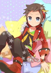 Rule 34 | 1boy, belt, blush, boots, bracelet, brendan (pokemon), brown hair, closed mouth, commentary request, creatures (company), cushion, game freak, grey eyes, hair ribbon, jacket, jewelry, looking at viewer, male focus, niimura (csnel), nintendo, open clothes, open jacket, pants, pokemon, pokemon oras, red footwear, red ribbon, ribbon, shirt, short hair, sleeves rolled up, solo, star (symbol)