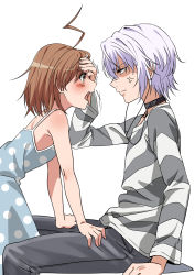 Rule 34 | 1boy, 1girl, accelerator (toaru majutsu no index), age difference, ahoge, albino, anger vein, angry, bare shoulders, blue dress, blush, brown eyes, brown hair, clone, commentary request, dress, hand on another&#039;s head, hand on forehead, hands on another&#039;s thighs, highres, last order (toaru majutsu no index), medium hair, naguramu, polka dot, polka dot dress, red eyes, shirt, short hair, silver hair, simple background, sitting, spaghetti strap, striped clothes, striped shirt, teenage boy and younger girl, teeth, toaru kagaku no railgun, toaru majutsu no index, upper teeth only, white background