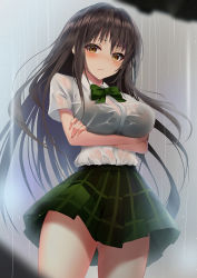 Rule 34 | 1girl, black bra, blush, bow, bowtie, bra, breast hold, breasts, brown eyes, brown hair, closed mouth, cowboy shot, gluteal fold, green bow, green bowtie, green skirt, hair intakes, highres, kotegawa yui, large breasts, long hair, looking at viewer, miniskirt, outdoors, plaid, plaid skirt, pleated skirt, rain, school uniform, see-through, shirt, short sleeves, skirt, solo, standing, thighs, to love-ru, underwear, very long hair, wet, wet clothes, wet shirt, yk (pixiv43531291)