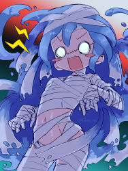 Rule 34 | 1girl, bandaged head, bandaged leg, bandages, blue hair, blush stickers, breasts, cowboy shot, gradient background, groin, halloween costume, highres, key 961, lightning bolt symbol, liquid hair, merc (merc storia), merc storia, monster girl, mummy costume, naked bandage, navel, o o, open mouth, scar, scar on face, slime girl, small breasts, solid circle eyes, solo, square mouth, stomach, surprised, twitter username, v-shaped eyebrows, wavy mouth