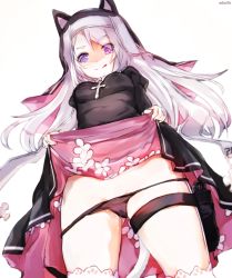 Rule 34 | 1girl, :q, animal ears, artist name, black dress, black panties, breasts, cat ears, cat tail, clothes lift, cowboy shot, cross, dress, dress lift, fake animal ears, from below, girls&#039; frontline, gluteal fold, grey hair, groin, gun, habit, handgun, holster, lace, lace-trimmed legwear, lace trim, lifting own clothes, long hair, long sleeves, looking at viewer, looking down, nekoya (liu), nun, p7 (girls&#039; frontline), panties, pistol, purple eyes, pussy juice, simple background, small breasts, smile, solo, symbol-shaped pupils, tail, thigh holster, thighhighs, tongue, tongue out, underwear, weapon, white background