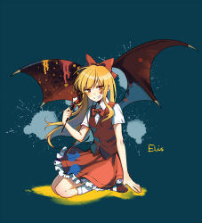 Rule 34 | 1girl, bat wings, blonde hair, blue background, bow, bowtie, brown footwear, brown vest, brown wings, character name, collared shirt, commentary request, elis (touhou), facial mark, frilled skirt, frills, full body, hair bow, highres, holding, holding wand, kneehighs, long hair, mary janes, red bow, red bowtie, red skirt, seiza, shirt, shoes, short sleeves, simple background, sitting, skirt, socks, star (symbol), star wand, touhou, touhou (pc-98), vest, wand, white shirt, white socks, wings, yorktown cv-5