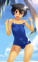 Rule 34 | 1girl, :d, black hair, blush, bulge, cloud, collarbone, competition school swimsuit, erection, erection under clothes, eyebrows, fang, flat chest, from below, futanari, legs, lens flare, newhalf, one-piece swimsuit, oohara kyuutarou, open mouth, original, red eyes, school swimsuit, short hair, sky, smile, solo, strap pull, swimsuit, tan, tanline, thick eyebrows, thigh gap, tree, undressing, very short hair, wet