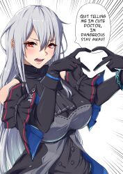 Rule 34 | 1girl, absurdres, arknights, ascot, bare shoulders, black ascot, black gloves, blush, breasts, commentary, detached sleeves, elbow gloves, emphasis lines, english commentary, english text, gloves, grey hair, heart, heart hands, highres, infection monitor (arknights), large breasts, long hair, looking at viewer, no headwear, open mouth, red eyes, short sleeves, skadi (arknights), solo, symmetricturd, upper body, very long hair, white background