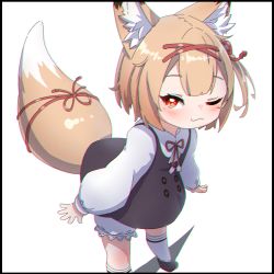 Rule 34 | 1girl, ;3, animal ears, black border, black dress, black footwear, bloomers, blush, border, brown hair, chromatic aberration, closed mouth, collared shirt, commentary request, dress, fox ears, fox girl, fox tail, hair ornament, hairclip, highres, koume (vrchat), kuro kosyou, long sleeves, looking at viewer, one eye closed, pinafore dress, puffy long sleeves, puffy sleeves, red eyes, shadow, shirt, shoes, sleeveless, sleeveless dress, sleeves past wrists, socks, solo, standing, tail, underwear, vrchat, white bloomers, white shirt, white socks, x hair ornament