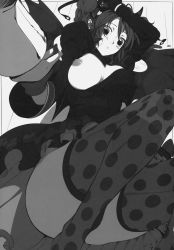 Rule 34 | 1girl, alternate costume, bat wings, breasts, cheria barnes, gloves, greyscale, highres, holding hands, huge breasts, looking at viewer, lying, monochrome, nipples, official alternate costume, on back, one breast out, polka dot, polka dot legwear, pupps, short hair, skirt, solo focus, tales of (series), tales of graces, thighhighs, wings