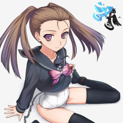 Rule 34 | 1girl, ankle cuffs, anklet, bdsm, bondage, bound, bow, brown hair, rabbit, chain, cuffs, eyepatch, idolmaster, idolmaster (classic), jewelry, long hair, minase iori, no pants, one-piece swimsuit, purple eyes, rona, school swimsuit, school uniform, sitting, solo, stuffed animal, stuffed rabbit, stuffed toy, swimsuit, swimsuit under clothes, thighhighs, twintails, wariza, white school swimsuit, white one-piece swimsuit