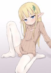 Rule 34 | 1girl, blonde hair, blue eyes, blush, brown sweater, cleavage cutout, closed mouth, clothing cutout, commentary request, female focus, full body, gradient background, hair ornament, head tilt, highres, leaf hair ornament, long hair, looking at viewer, no shoes, original, pointy ears, ribbed sweater, simple background, solo, sweat, sweater, thighhighs, very long hair, white background, white thighhighs, yakihebi