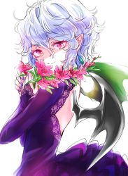 Rule 34 | 1girl, alternate costume, back cutout, bat wings, blue hair, blue nails, clothing cutout, colored eyelashes, curly hair, dress, eyelashes, flower, hair between eyes, highres, long sleeves, looking at viewer, looking to the side, nail polish, no headwear, pointy ears, purple dress, red eyes, remilia scarlet, rosette (roze-ko), short hair, simple background, smile, solo, touhou, upper body, white background, wings