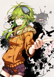 Rule 34 | 1girl, ;), belt, breasts, cowboy shot, fur trim, goggles, goggles on head, green eyes, green hair, grin, gumi, hand in pocket, hong (white spider), jacket, looking at viewer, matching hair/eyes, medium breasts, one eye closed, pointing, pointing at viewer, short hair with long locks, short shorts, shorts, sidelocks, smile, solo, vocaloid, yellow jacket