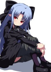 Rule 34 | 1girl, bad id, bad twitter id, black dress, black thighhighs, blue hair, bow, commentary request, dress, empty eyes, hair bow, highres, hugging own legs, knees up, len (tsukihime), long hair, mary janes, melty blood, pointy ears, red eyes, ribbon, shimejinameko, shoes, sitting, solo, thighhighs, tsukihime