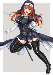 Rule 34 | 1girl, black eyes, black footwear, black thighhighs, boots, breasts, cross, cross-laced footwear, habit, high heel boots, high heels, highres, jewelry, lace-up boots, long hair, necklace, nun, open mouth, orange hair, original, rapier, scabbard, sheath, shiny clothes, solo, sword, thigh boots, thighhighs, toriatto gununu, weapon, zettai ryouiki