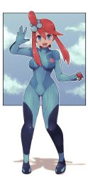 Rule 34 | 1girl, arm up, bad id, bad twitter id, blue bodysuit, blue eyes, blush, bodysuit, breasts, brown hair, commission, cosplay, covered erect nipples, creatures (company), full body, game freak, highres, holding, holding poke ball, lamb-oic029, large breasts, long hair, looking at viewer, metroid, nintendo, open mouth, outline, poke ball, poke ball (basic), pokemon, pokemon bw, samus aran, samus aran (cosplay), skyla (pokemon), smile, solo, standing, teeth, upper teeth only, white outline, zero suit