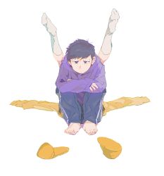 Rule 34 | 2boys, :|, arm rest, barefoot, black hair, blue pants, bright pupils, brothers, closed mouth, expressionless, full body, half-closed eyes, hood, hood down, hoodie, jaggy lines, kneehighs, knees up, legs up, long sleeves, looking at viewer, male focus, matsuno ichimatsu, matsuno jyushimatsu, multiple boys, no shoes, osomatsu-kun, osomatsu-san, outstretched arms, pants, purple eyes, purple hoodie, purple pupils, qqmng, shoe soles, siblings, simple background, sitting, sleeves past fingers, sleeves past wrists, slippers, unworn slippers, socks, spread arms, spread legs, straight-on, sweatpants, swept bangs, very long sleeves, white background, white legwear, yellow footwear