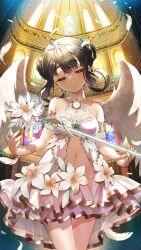 Rule 34 | 1girl, :o, ahoge, arched window, armlet, bare shoulders, black hair, braid, braided bun, church, clothing cutout, cowboy shot, double bun, dress, dress flower, falling feathers, feathered wings, feathers, flower, frown, girl cafe gun, hair bun, hair rings, half-closed eyes, hand up, head tilt, highres, holding, holding staff, indoors, kikuri yuki, light particles, lily (flower), navel, navel cutout, official art, purple eyes, short dress, short hair, sleeveless, sleeveless dress, solo, staff, stained glass, white dress, white flower, white wings, window, wings