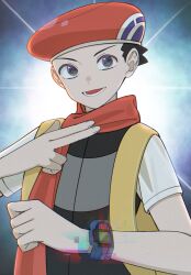 Rule 34 | 1boy, :d, beret, black hair, commentary request, creatures (company), game freak, grey eyes, grey vest, hat, highres, kana (kanna runa0620), looking at viewer, lower teeth only, lucas (pokemon), male focus, nintendo, open mouth, pokemon, pokemon dppt, poketch, scarf, shirt, short hair, short sleeves, smile, solo, t-shirt, teeth, upper body, vest, watch, white shirt, wristwatch