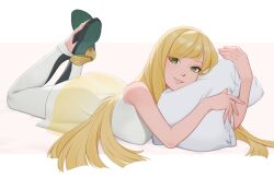 Rule 34 | 1girl, bare shoulders, blonde hair, blunt ends, border, breasts, commentary, creatures (company), dnaitari, dress, eyelashes, feet, full body, game freak, gradient dress, green eyes, hands up, high heels, highres, hugging object, legs, long hair, looking at viewer, lusamine (pokemon), lying, mature female, medium breasts, nintendo, on stomach, pants, parted lips, pillow, pillow hug, pokemon, pokemon sm, sandals, short dress, simple background, sleeveless, sleeveless dress, solo, swept bangs, toes, very long hair, white background, white border, white dress, white pants, yellow dress