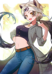 Rule 34 | 1girl, alternate hair length, alternate hairstyle, animal ears, bear ears, bear girl, belt, black hair, breasts, brown eyes, buttons, casual, cleavage, coat, collarbone, contemporary, denim, extra ears, ezo brown bear (kemono friends), floating hair, grey hair, hand up, hasumikaoru, headband, heart pendant, jeans, jewelry, kemono friends, kemono friends 3, long hair, looking at viewer, medium breasts, midriff, multicolored hair, navel, open clothes, open coat, open mouth, pants, pendant, smile, solo, stomach, tank top, trench coat, twintails, very long hair