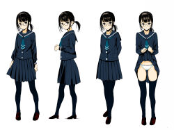 Rule 34 | 1girl, arms behind back, black-framed eyewear, black eyes, black footwear, black hair, black thighhighs, blouse, blue neckerchief, blue sailor collar, blue shirt, blue skirt, closed mouth, clothes lift, commentary request, crotch seam, from side, glasses, highres, lifting own clothes, light frown, loafers, long sleeves, looking at viewer, low ponytail, medium hair, medium skirt, moonsorrow, multiple views, neckerchief, original, panties, pleated skirt, sailor collar, school uniform, semi-rimless eyewear, serafuku, shirt, shoes, simple background, skirt, skirt hold, skirt lift, solo, standing, thighhighs, under-rim eyewear, underwear, white background, white panties
