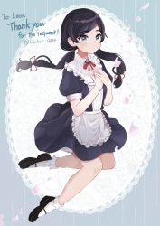Rule 34 | 1girl, apron, black footwear, black hair, blue dress, blue eyes, collared dress, commission, cuffs, dress, frills, hands on own chest, highres, kimukichi 0224, legs, low twintails, maid, maid apron, original, short sleeves, skeb commission, sleeve cuffs, socks, solo, thighs, twintails, white socks
