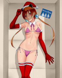 Rule 34 | 1girl, alisa southerncross, bikini, breasts, christmas, covered erect nipples, detached collar, elbow gloves, gloves, hair bobbles, hair ornament, hat, highres, keroro gunsou, long hair, merry christmas, orange hair, parted lips, pink bikini, pink ribbon, red eyes, red gloves, red thighhighs, ribbon, santa hat, side-tie bikini bottom, solo, standing, swimsuit, switch01, thighhighs, twintails