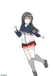 Rule 34 | 1girl, absurdres, agano (kancolle), black hair, green eyes, highres, jacket, kantai collection, long hair, multicolored clothes, multicolored jacket, official alternate costume, pleated skirt, red skirt, robinson (day l full), simple background, skirt, solo, thighhighs, two-tone jacket, white background, white thighhighs