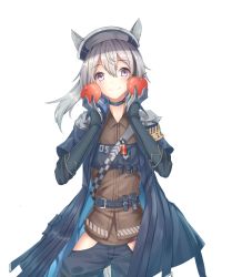 Rule 34 | 1girl, animal ears, apple, arknights, armor, belt, blue gloves, blue jacket, blue pants, blush, choker, commentary request, cowboy shot, food, fruit, gloves, grani (arknights), grey shirt, hair between eyes, hands up, hat, highres, hip vent, holding, holding food, holding fruit, horse ears, jacket, long hair, looking at viewer, minuo, open clothes, open jacket, pants, pauldrons, ponytail, purple eyes, shirt, shoulder armor, silver hair, simple background, smile, solo, standing, transparent background, white background