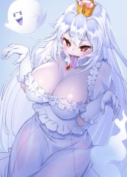 Rule 34 | 1girl, absurdres, blush, boo (mario), breasts, brooch, cleavage, collar, colored tongue, commentary request, crown, detached collar, dress, frilled collar, frilled dress, frilled gloves, frills, ghost pose, gloves, hair between eyes, highres, jewelry, large breasts, long hair, looking at viewer, luigi&#039;s mansion, mario (series), mini crown, new super mario bros. u deluxe, nintendo, open mouth, princess king boo, puffy short sleeves, puffy sleeves, purple tongue, red eyes, saruchitan, sharp teeth, short sleeves, smile, super crown, teeth, tongue, tongue out, white dress, white gloves, white hair