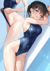 Rule 34 | 1girl, black hair, blue eyes, blue one-piece swimsuit, breasts, close-up, clothes pull, competition swimsuit, covered navel, duplicate, frontal wedgie, good quality, hair ornament, hairclip, head out of frame, highleg, highleg swimsuit, highres, lying, medium breasts, mignon, mole, mole under eye, multiple views, navel, on side, one-piece swimsuit, one-piece swimsuit pull, original, oshiego-chan (mignon), pool, pulling own clothes, standing, swimsuit, twintails, water, wedgie, wet, wet clothes, wet swimsuit, x hair ornament