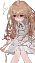 Rule 34 | 1girl, aisaka taiga, bad id, bad pixiv id, black ribbon, brown eyes, brown hair, collared dress, commentary request, donut 335, dress, eyebrows hidden by hair, grey dress, hair between eyes, heart, highres, light blush, long hair, long sleeves, looking at viewer, looking up, neck ribbon, parted lips, partial commentary, ribbon, simple background, sitting, solo, toradora!, white background