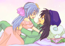 Rule 34 | 1boy, 1girl, bad id, bad pixiv id, bed, black hair, blue hair, blush, bow, couple, dragon quest, dragon quest v, dress, eijima moko, eye contact, flora (dq5), girl on top, hair bow, half updo, hat, hero (dq5), hetero, looking at another, pajamas, headpat, profile, slime (dragon quest), tissue, tissue box
