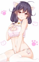 Rule 34 | 10s, 1girl, ahoge, animal ears, bad id, bad pixiv id, bell, blush, bra, cat cutout, cat ears, cat lingerie, cleavage cutout, clothing cutout, hair flaps, highres, jingle bell, kantai collection, long hair, looking at viewer, low twintails, meme attire, navel, panties, purple hair, red eyes, side-tie panties, solo, taigei (kancolle), takehana note, twintails, underwear, underwear only