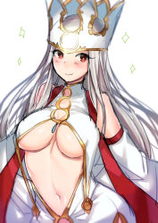 Rule 34 | 1girl, anoshabu, bare shoulders, blush, breasts, center opening, closed mouth, crown, dress, dress of heaven, eyelashes, fate/grand order, fate (series), irisviel von einzbern, irisviel von einzbern (caster), large breasts, long hair, long sleeves, looking at viewer, navel, red eyes, simple background, smile, solo, sparkle, underboob, white background, white dress, white hair