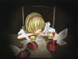 Rule 34 | 4girls, alice margatroid, black background, feathers, female focus, hairband, hourai doll, indoors, ink, letter, multiple girls, paper, quill, scan, sitting, sleeping, standing, touhou, wings