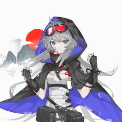 Rule 34 | 1girl, ahoge, arknights, bead bracelet, beads, black bag, black cape, black gloves, blue eyes, bracelet, cape, feather hair, fingerless gloves, gloves, goggles, goggles on head, grey shirt, hands up, highres, hood, hood up, hooded cape, jewelry, long hair, looking at viewer, mulberry (arknights), panda, pouch, s 4ik4, shirt, simple background, smile, solo, upper body, white background