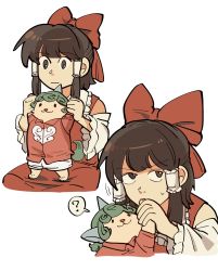 Rule 34 | 2girls, :|, ?, bare shoulders, barefoot, black eyes, boned-woo, bow, brown hair, buttons, closed mouth, collared dress, collared shirt, detached sleeves, dog tail, dress, frills, green hair, grey eyes, hair ornament, hair tubes, hakurei reimu, hands up, highres, horns, komainu, komano aunn, long hair, long sleeves, looking at another, looking down, looking to the side, looking up, multiple girls, red bow, red dress, red shirt, shirt, short hair, short sleeves, shorts, simple background, sitting, smile, standing, tail, touhou, upper body, v-shaped eyebrows, white background, white shorts, wide sleeves